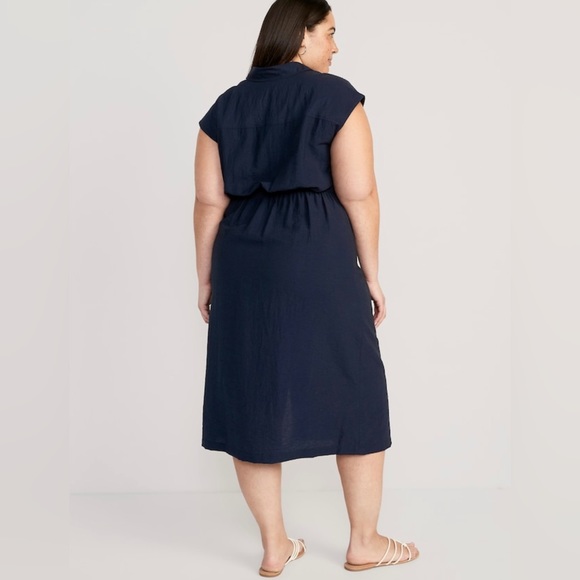 NWT! Navy Blue Waist-Defined Twist-Front Midi Shirt Dress - TALL SIZES - Picture 8 of 8